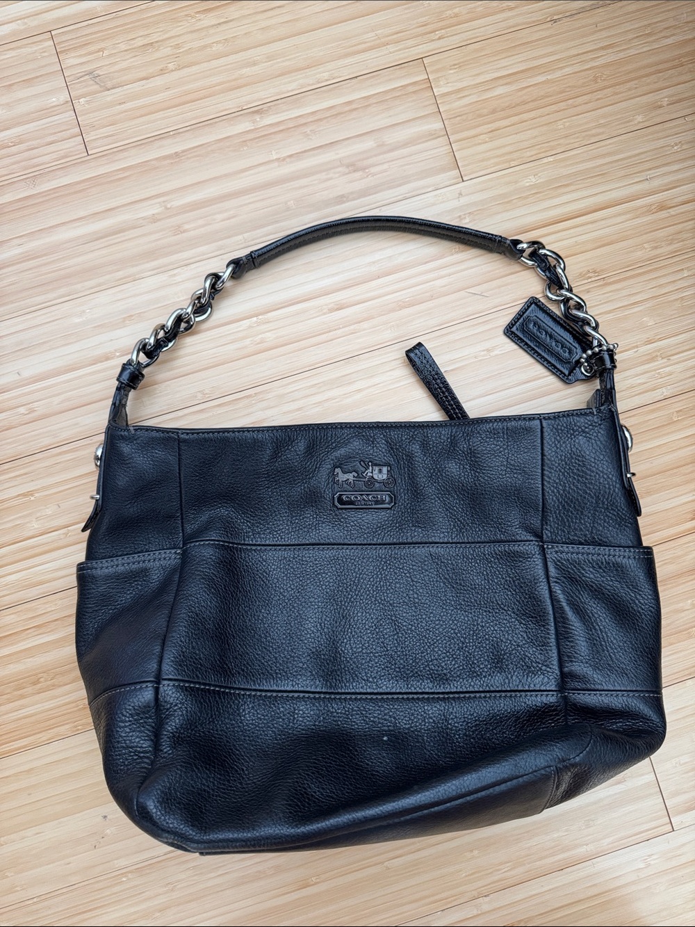 Coach Black Pebbled Leather Shoulder Bag with Chain Strap